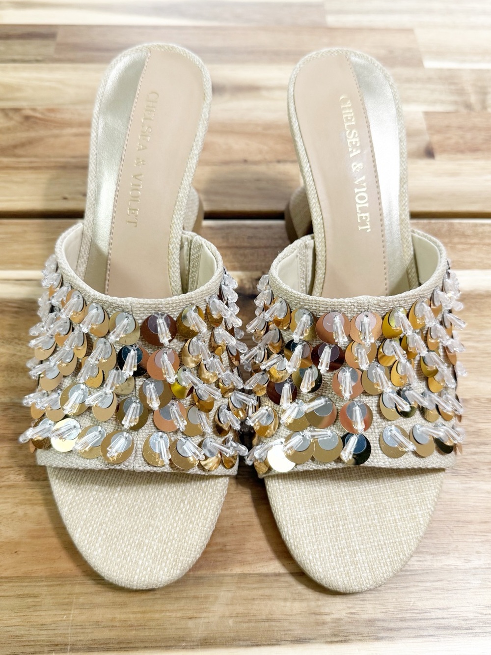 Chelsea & Violet Piperr Linen Ornamented Sequin Fringe Heeled Slide Sandals NEW - Picture 6 of 12